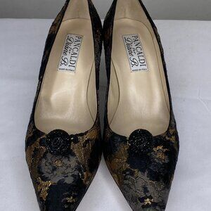 Pancaldi for Diane B. Black Floral Disco Kitten Heel Pumps Women’s 8
